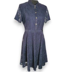 Tommy Hilfiger Collared Navy Paisley Lace Fit & Flare Midi Dress - Women's 8
